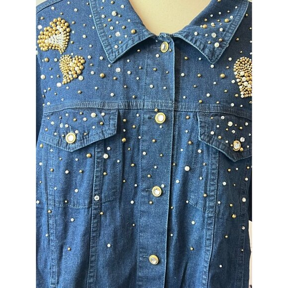 Quacker Factory Denim Trucker Jacket Plus size 1X Jean coat NWT Full Zip Studded - Picture 10 of 11